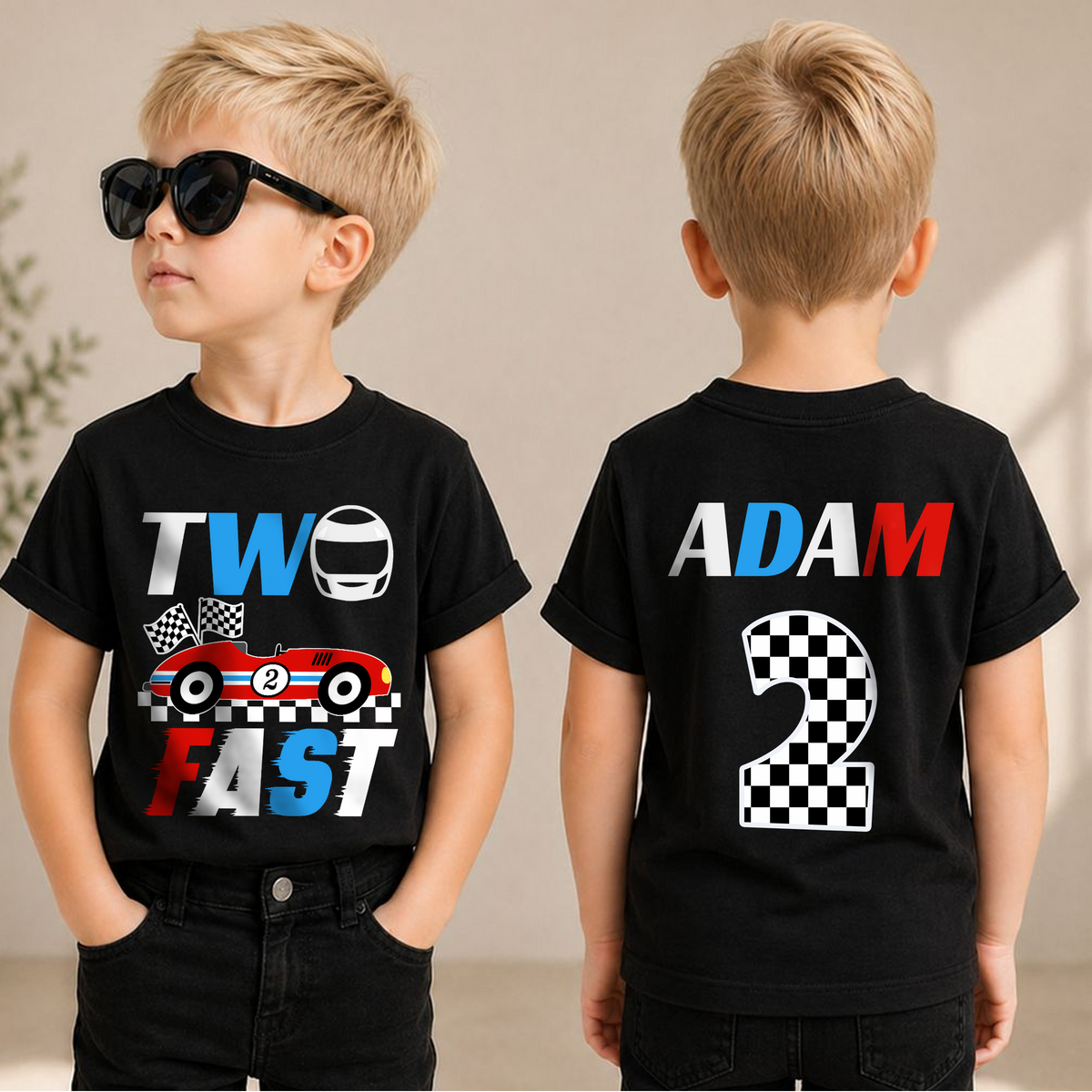 Custom Name TWO FAST 2nd Birthday Shirt for Boys, Race Car — product view 1
