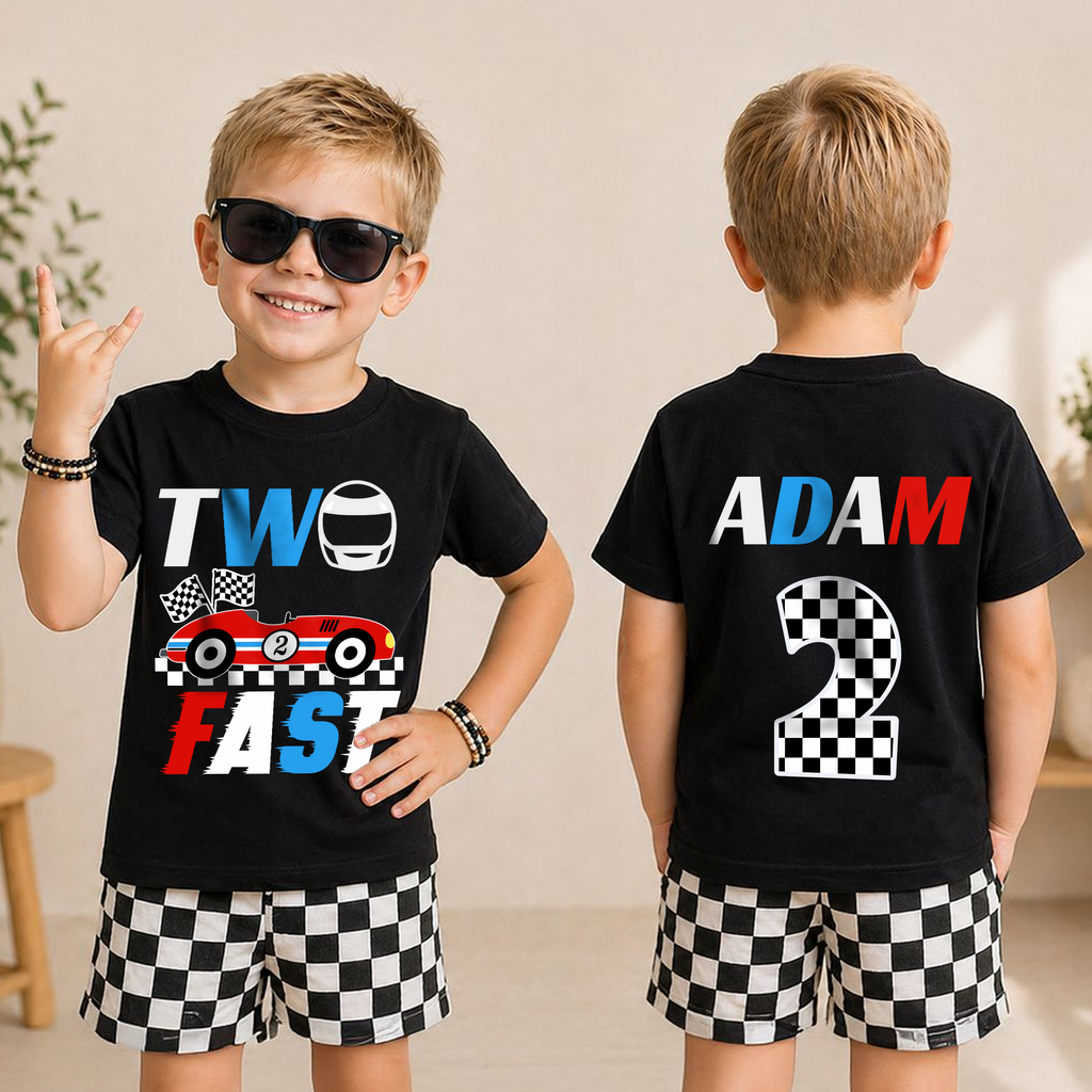 Custom Name TWO FAST 2nd Birthday Shirt for Boys, Race Car — product view 3