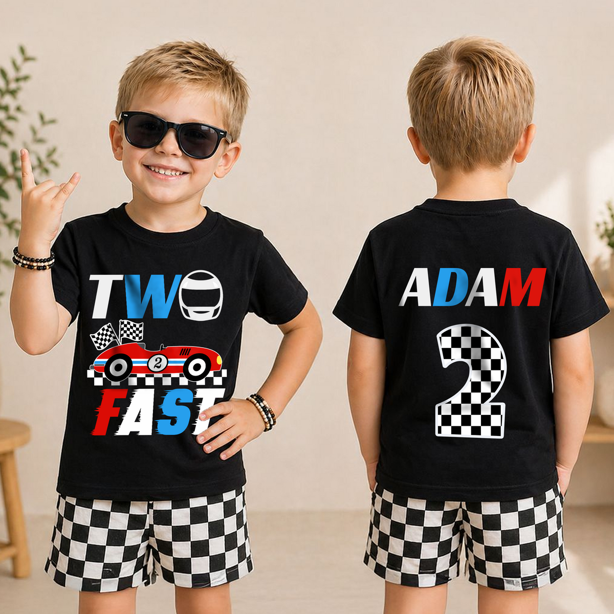 Custom Name TWO FAST 2nd Birthday Shirt for Boys, Race Car — product view 3
