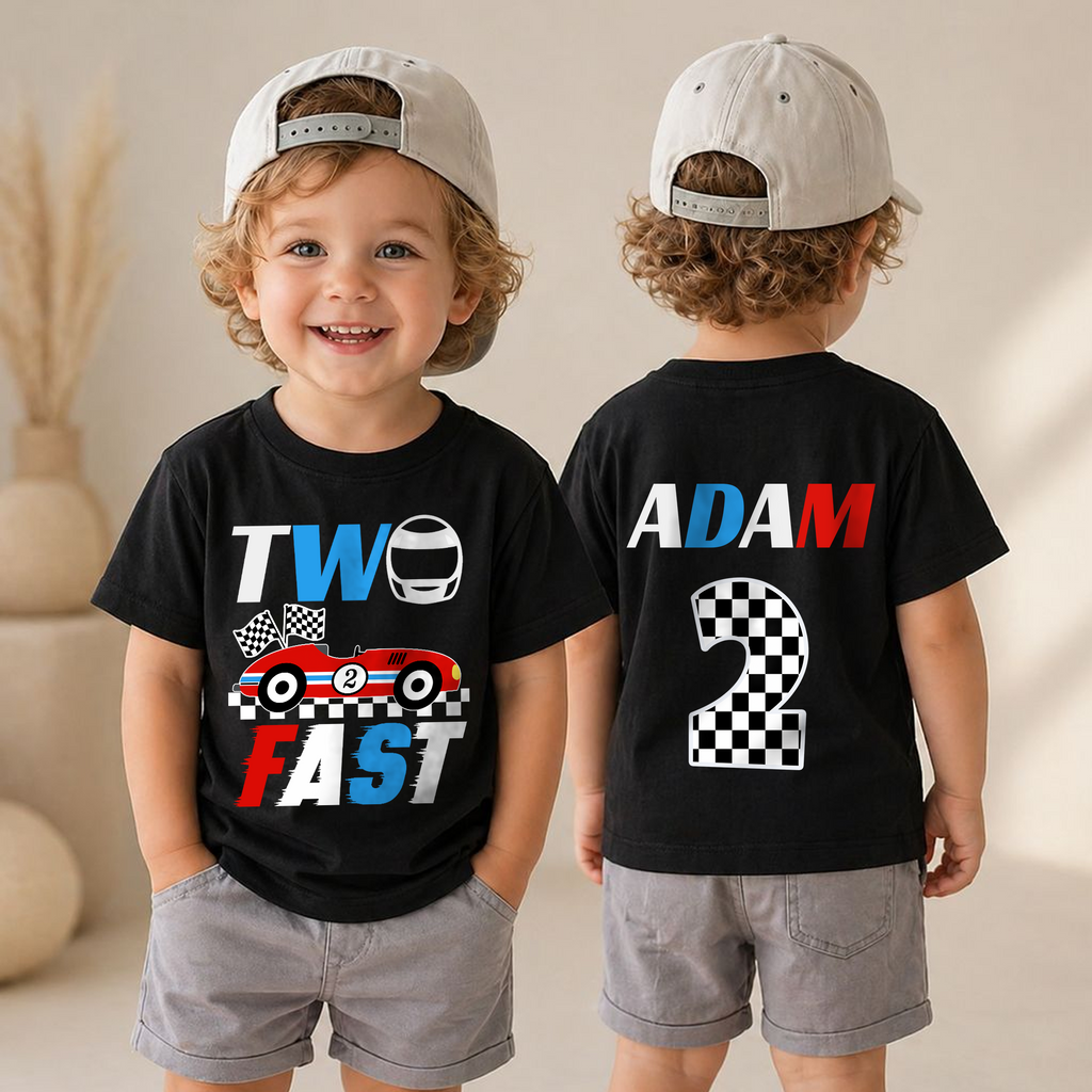 Custom Name TWO FAST 2nd Birthday Shirt for Boys, Race Car — product view 4