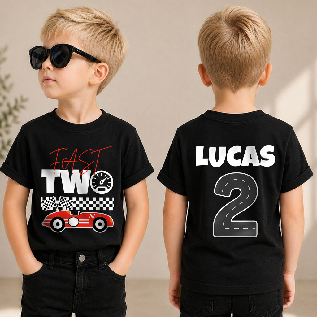 Boys Custom TWO FAST 2nd Birthday Shirt for Boys, Race Car — product view 1