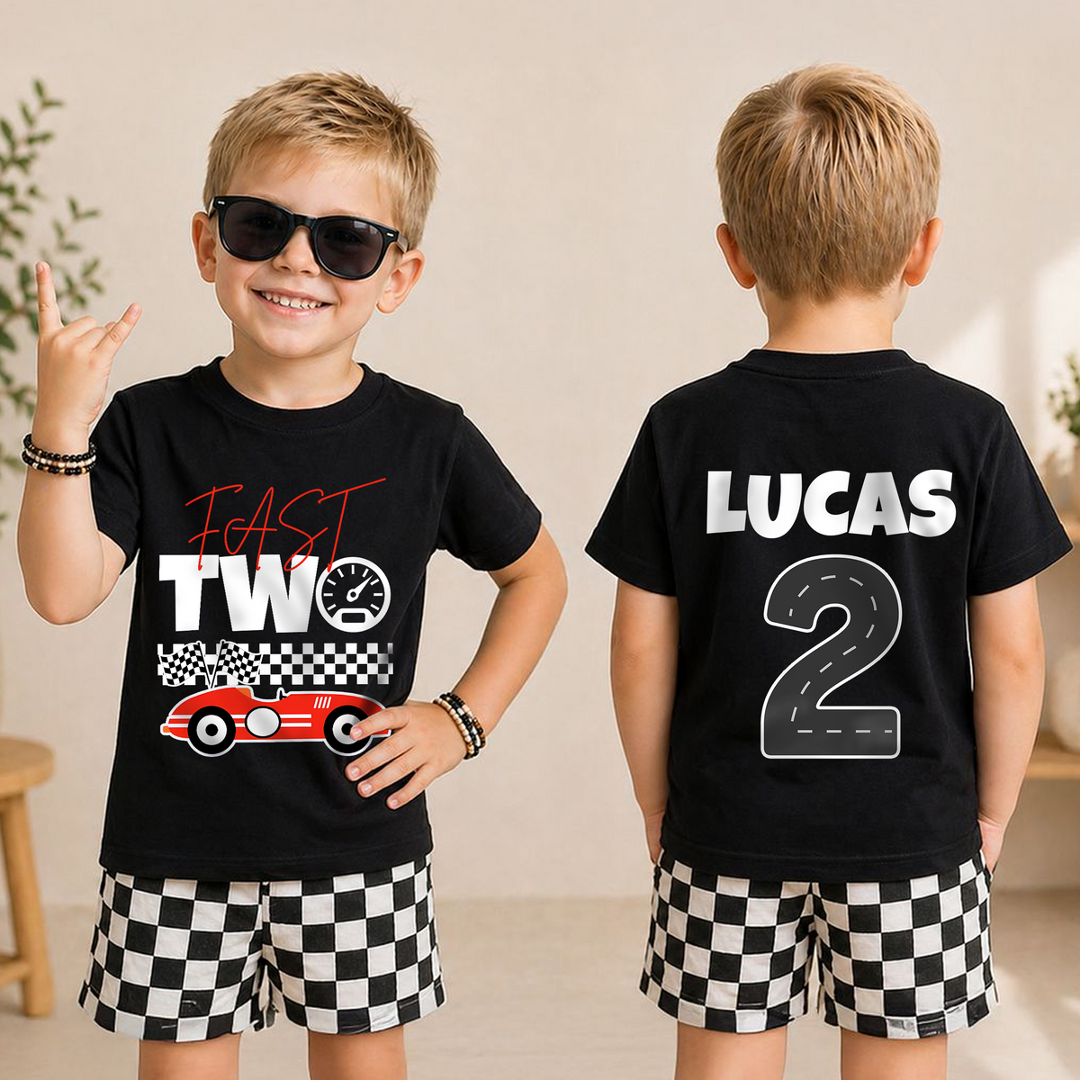 Boys Custom TWO FAST 2nd Birthday Shirt for Boys, Race Car — product view 3