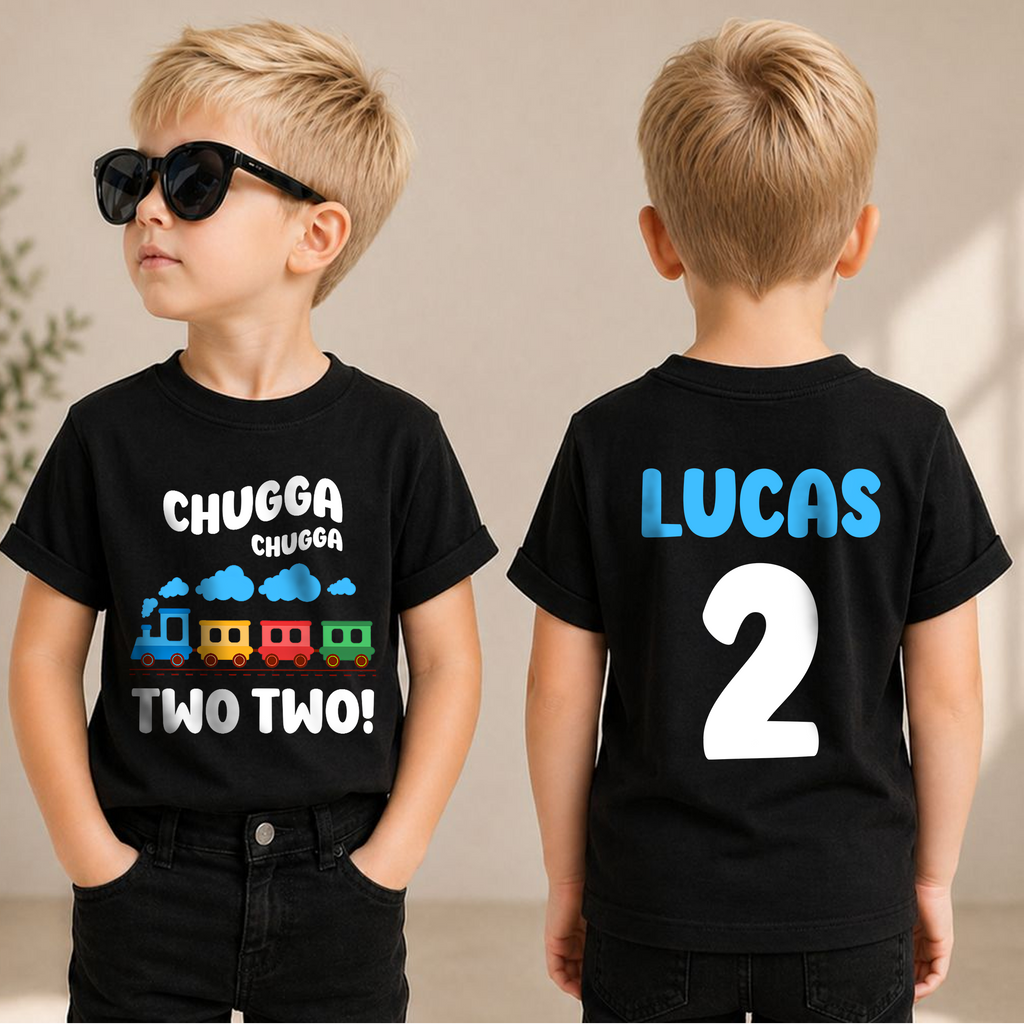 Personalized Chugga Chugga Two Two Birthday Shirt for Boys — product view 1