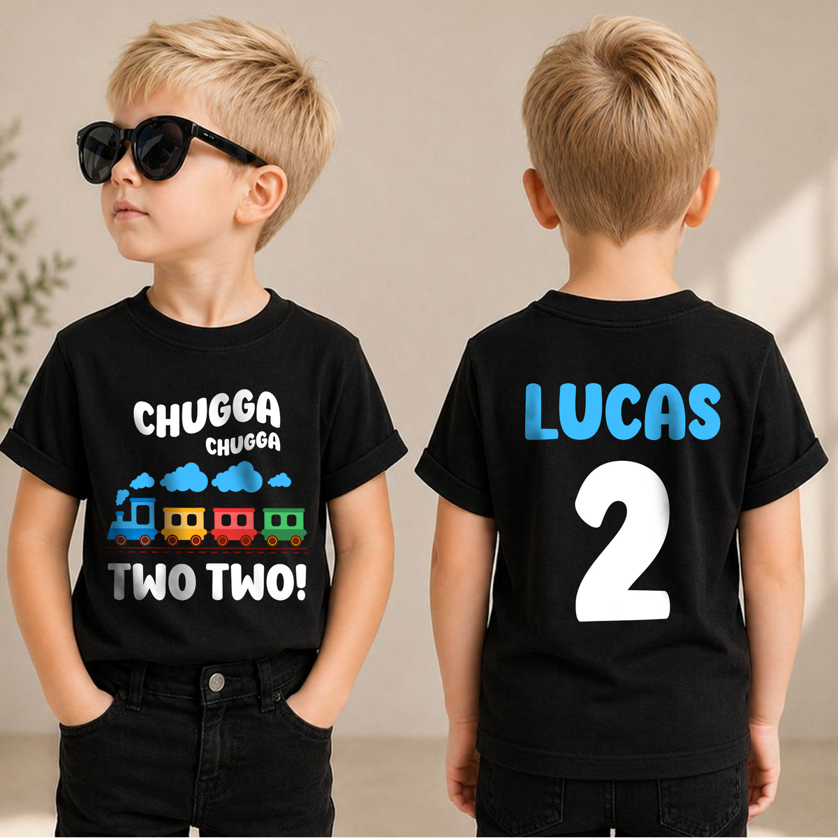 Personalized Chugga Chugga Two Two Birthday Shirt for Boys — product view 1