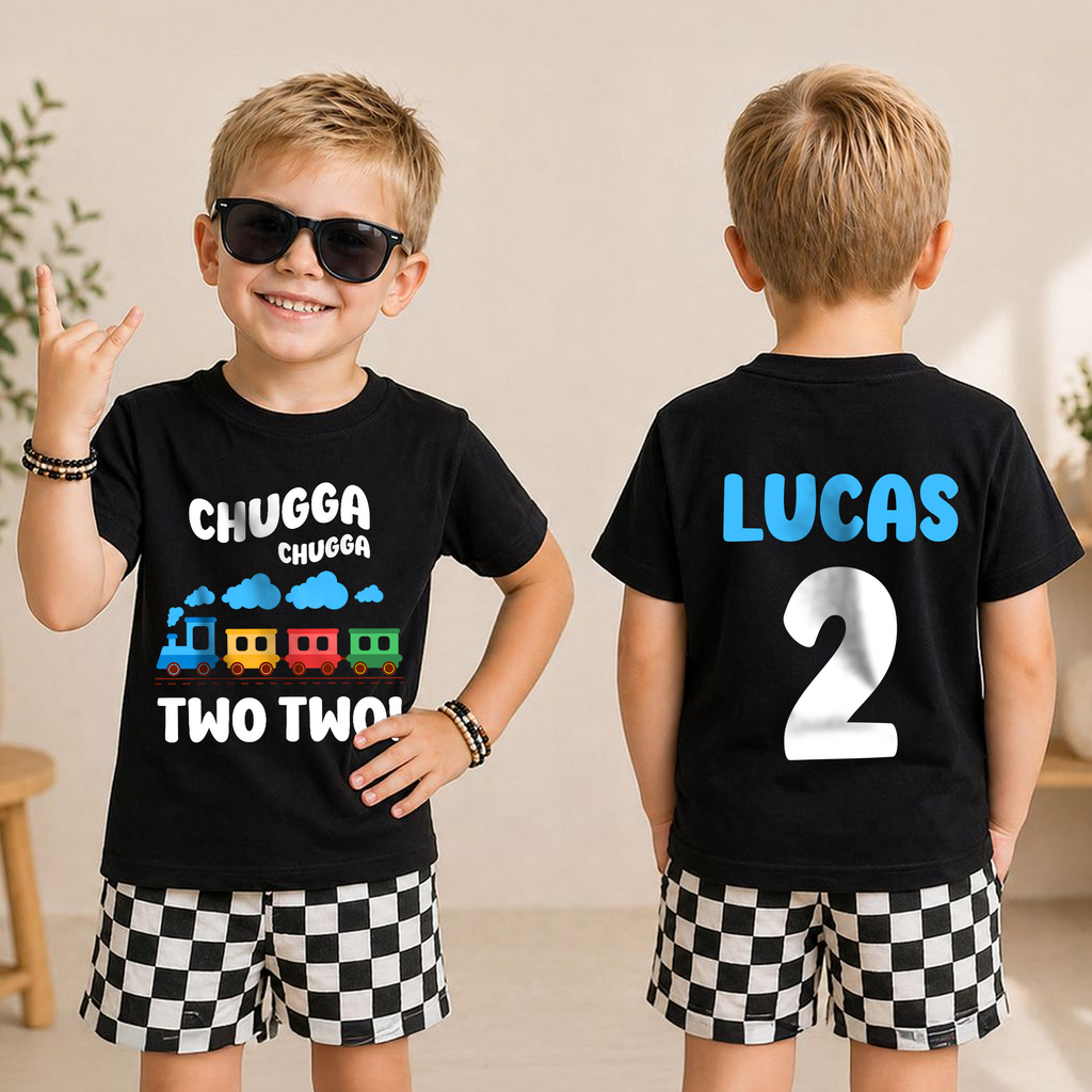 Personalized Chugga Chugga Two Two Birthday Shirt for Boys — product view 3