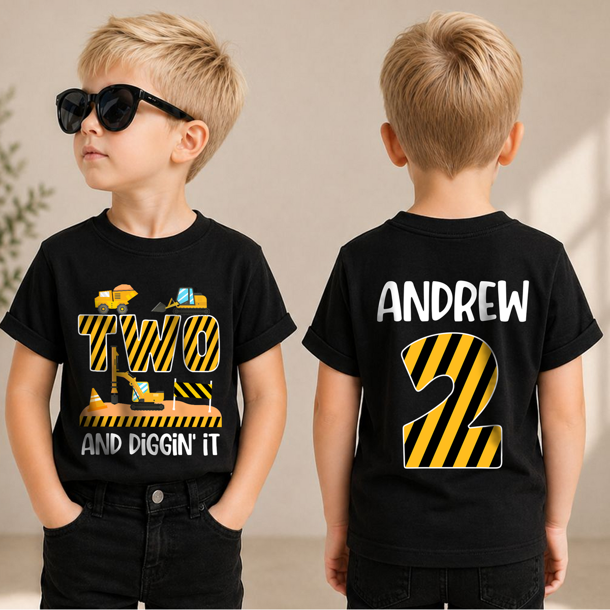 Custom Name Construction Truck 2nd Birthday Shirt, Two and Digging It — product view 1