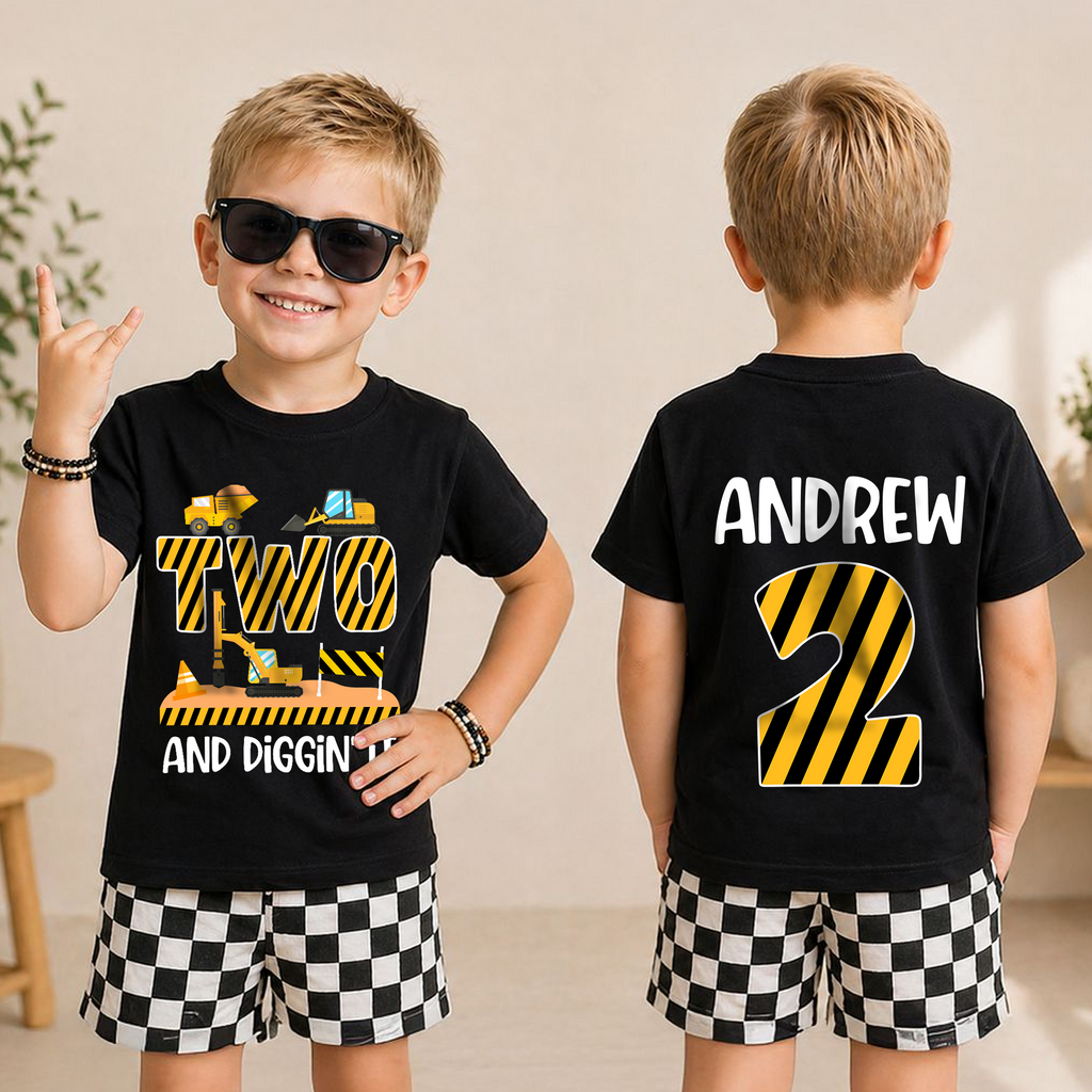 Custom Name Construction Truck 2nd Birthday Shirt, Two and Digging It — product view 3