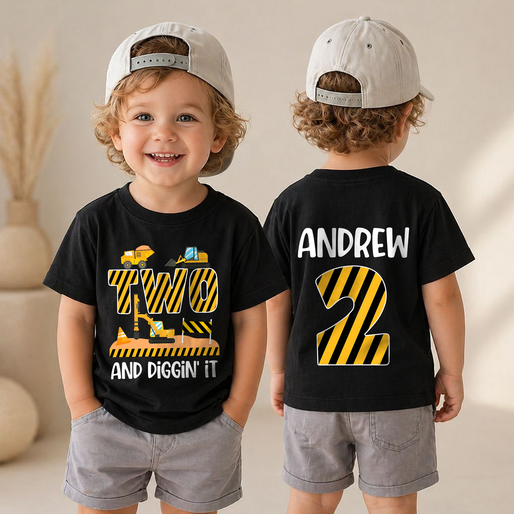 Custom Name Construction Truck 2nd Birthday Shirt, Two and Digging It — product view 4