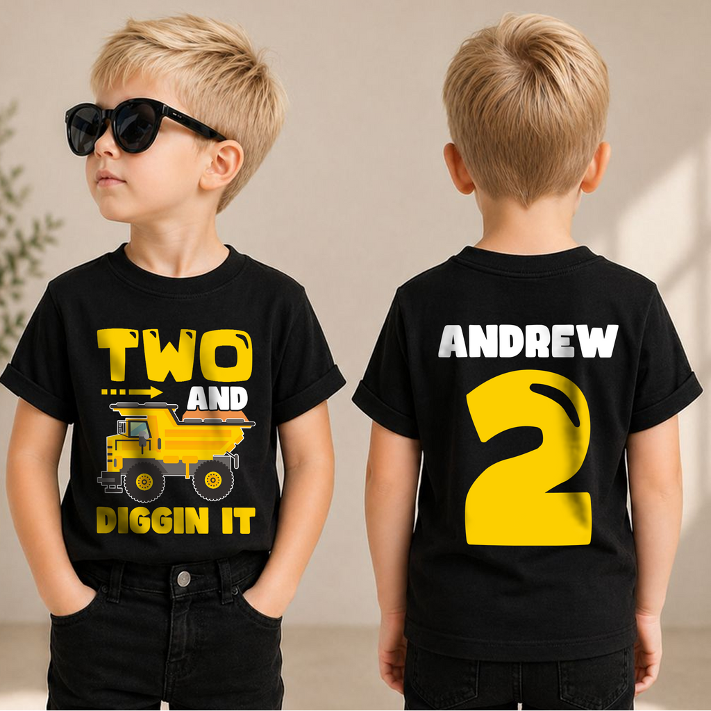 Custom Construction Truck 2nd Birthday Shirt, Two and Digging It — product view 1