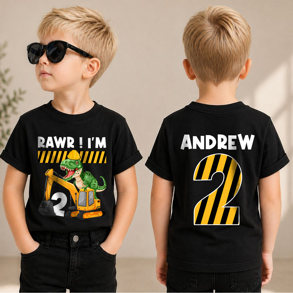 Boys Personalized Construction Truck 2nd Birthday Shirt, Digging It — product view 1