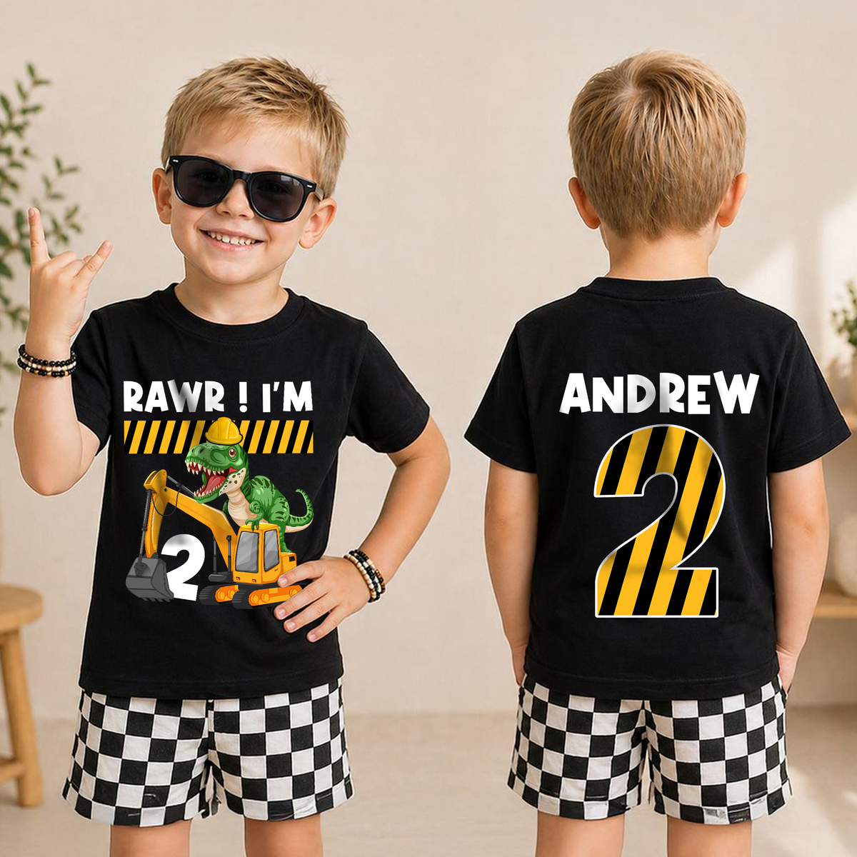 Boys Personalized Construction Truck 2nd Birthday Shirt, Digging It — product view 3