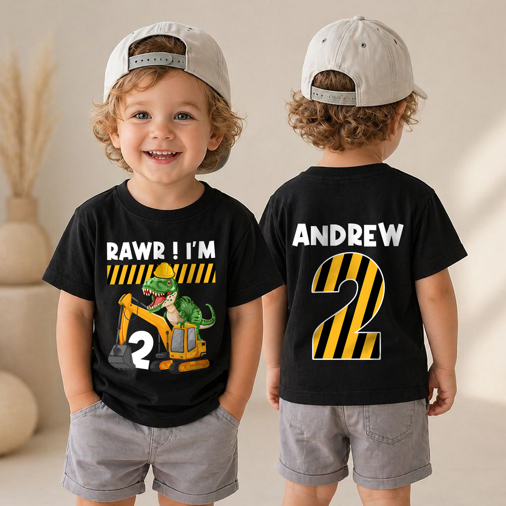 Boys Personalized Construction Truck 2nd Birthday Shirt, Digging It — product view 4