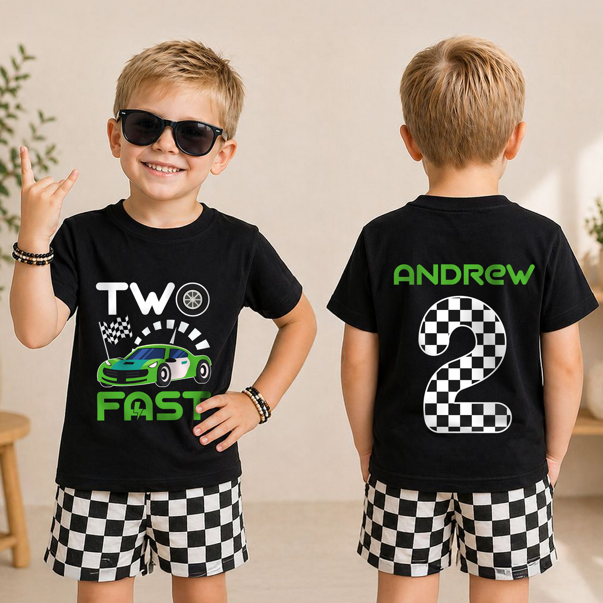 Personalized Race Car 2nd Birthday Shirt Boy, TWO FAST — product view 3