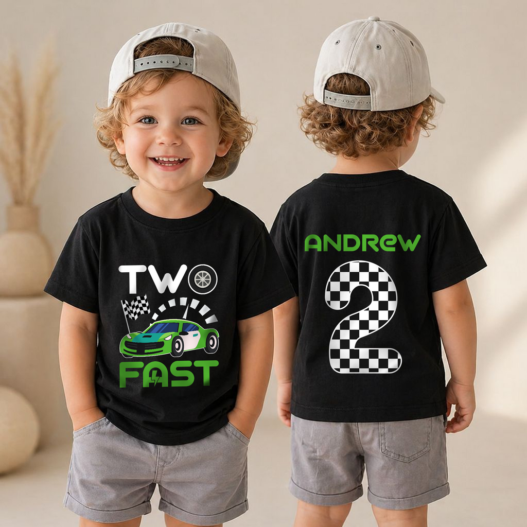 Personalized Race Car 2nd Birthday Shirt Boy, TWO FAST — product view 4