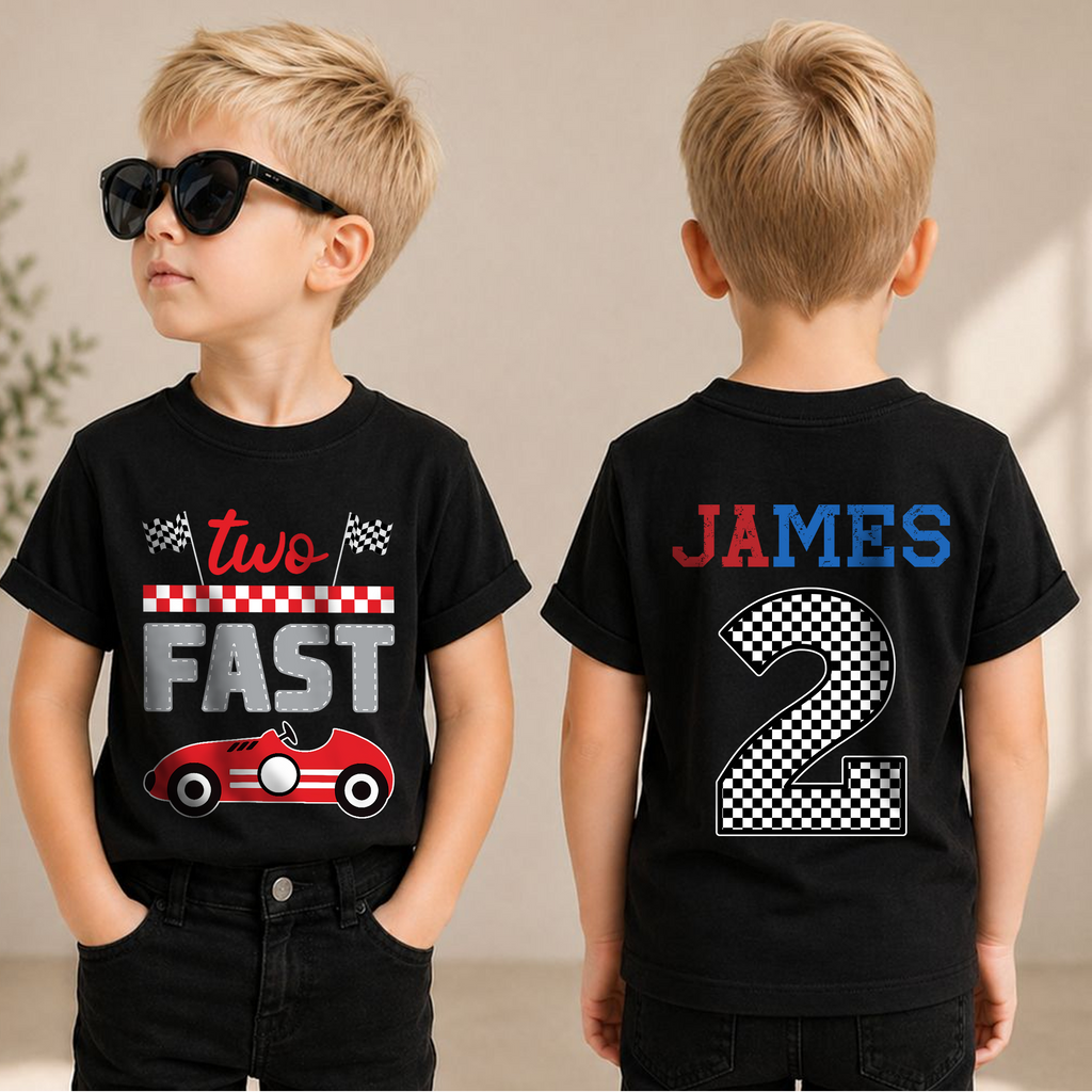 Custom Name Race Car 2nd Birthday Shirt Boy, TWO FAST — product view 1