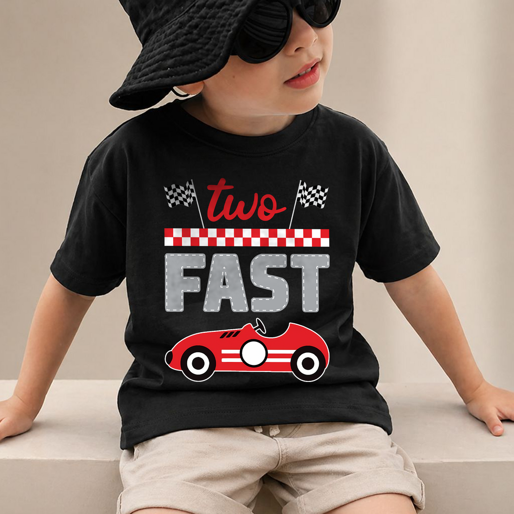 Custom Name Race Car 2nd Birthday Shirt Boy, TWO FAST — product view 2