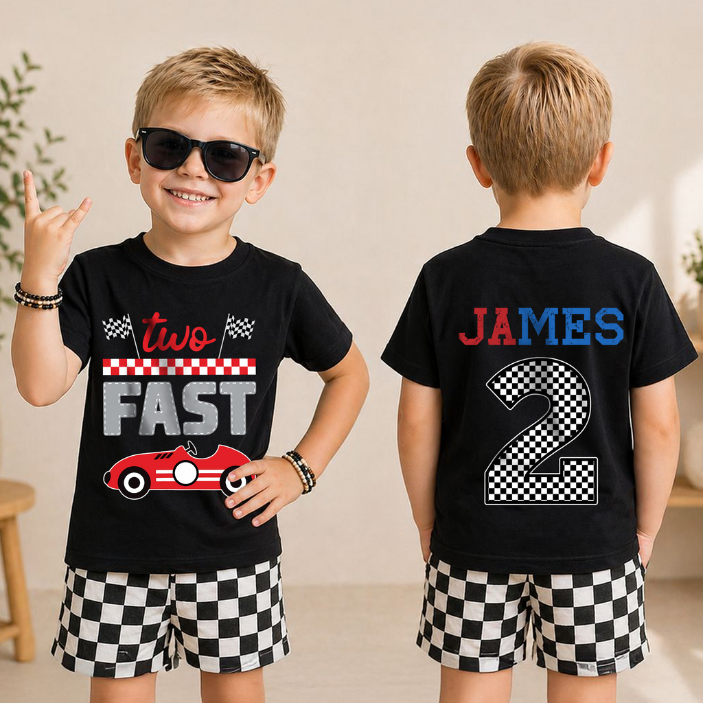 Custom Name Race Car 2nd Birthday Shirt Boy, TWO FAST — product view 3
