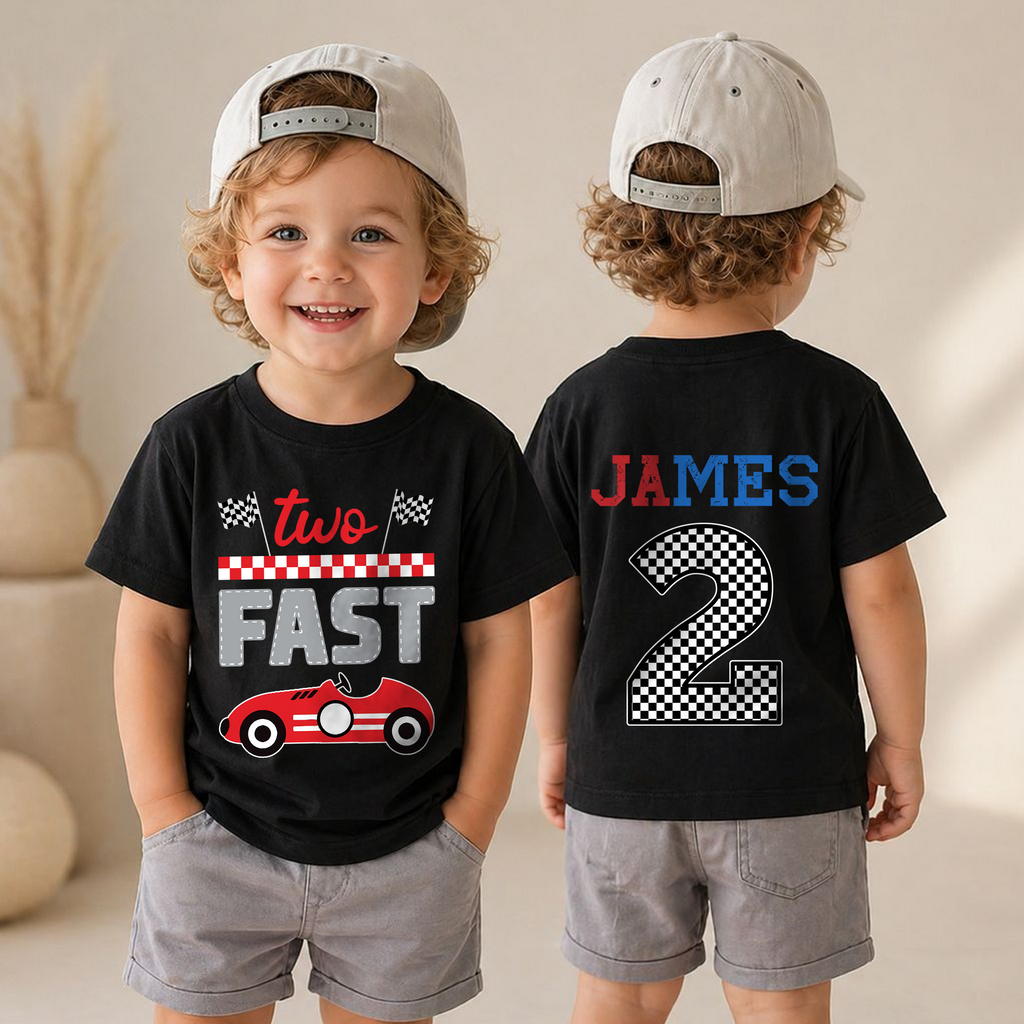 Custom Name Race Car 2nd Birthday Shirt Boy, TWO FAST — product view 4