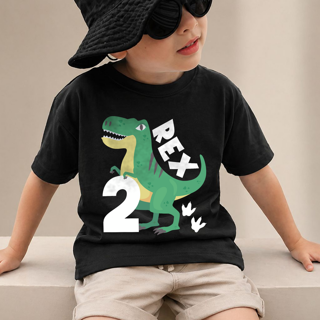 Boys Custom T-Rex 2nd Birthday Shirt Boy, Two Rex — product view 2