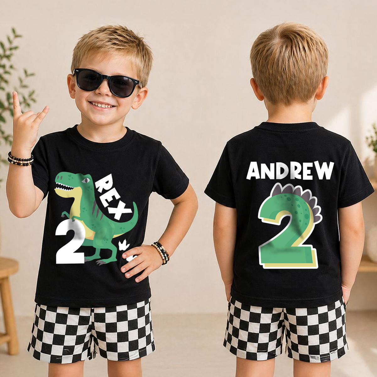 Boys Custom T-Rex 2nd Birthday Shirt Boy, Two Rex — product view 3