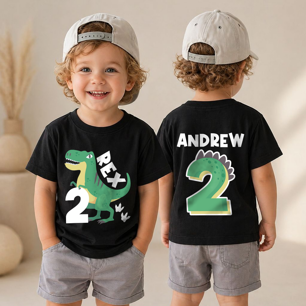 Boys Custom T-Rex 2nd Birthday Shirt Boy, Two Rex — product view 4
