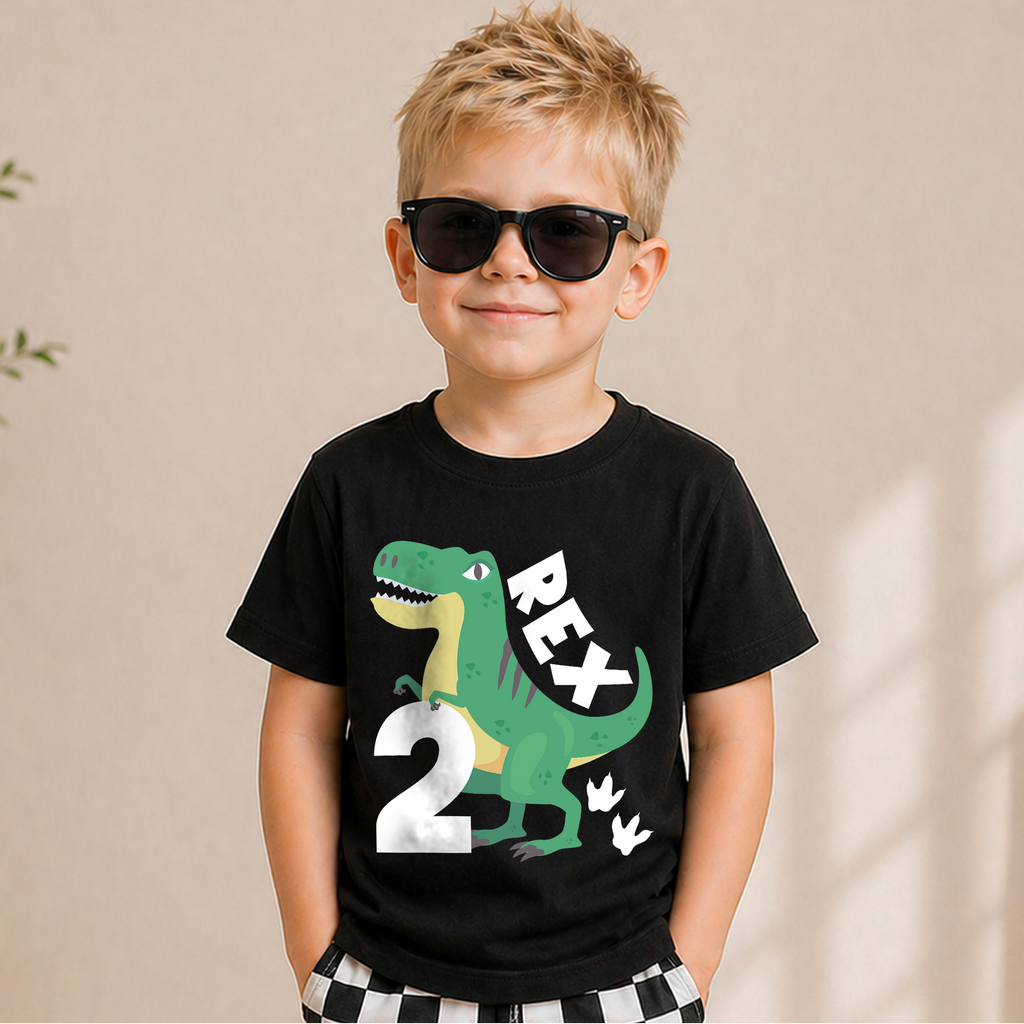 Boys Custom T-Rex 2nd Birthday Shirt Boy, Two Rex — product view 5