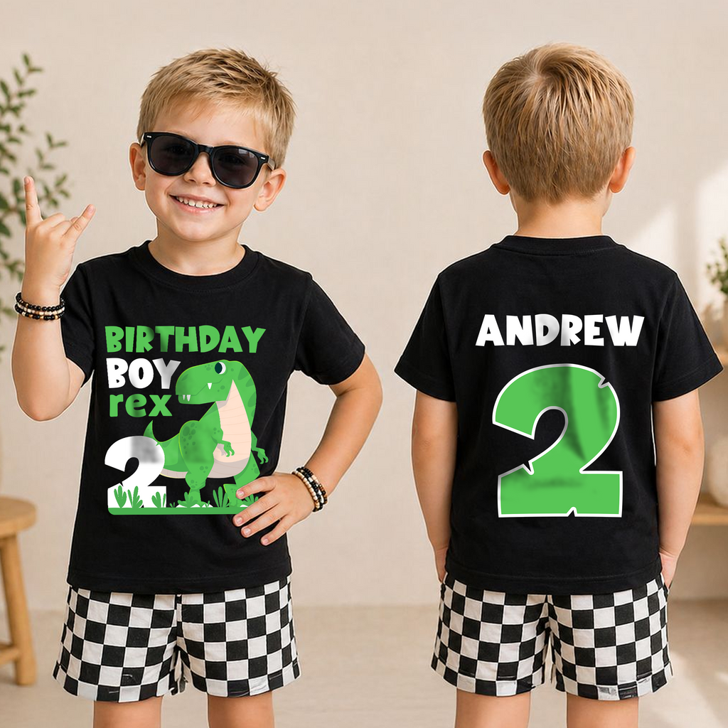 Toddler Personalized T-Rex 2nd Birthday Shirt Boy — product view 3