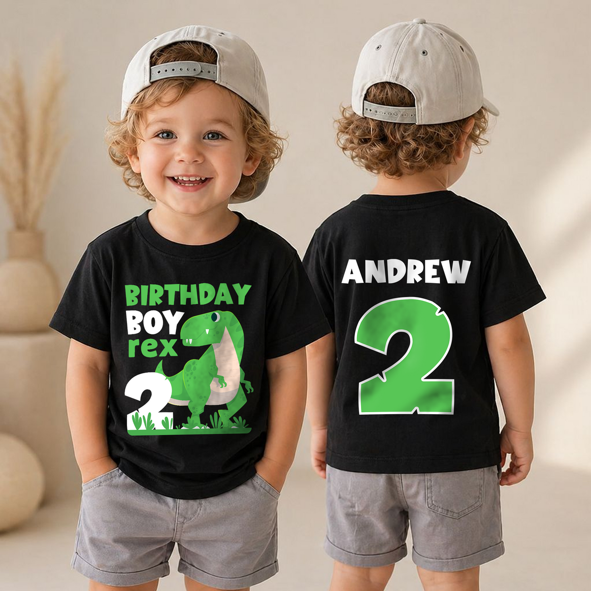 Toddler Personalized T-Rex 2nd Birthday Shirt Boy — product view 4
