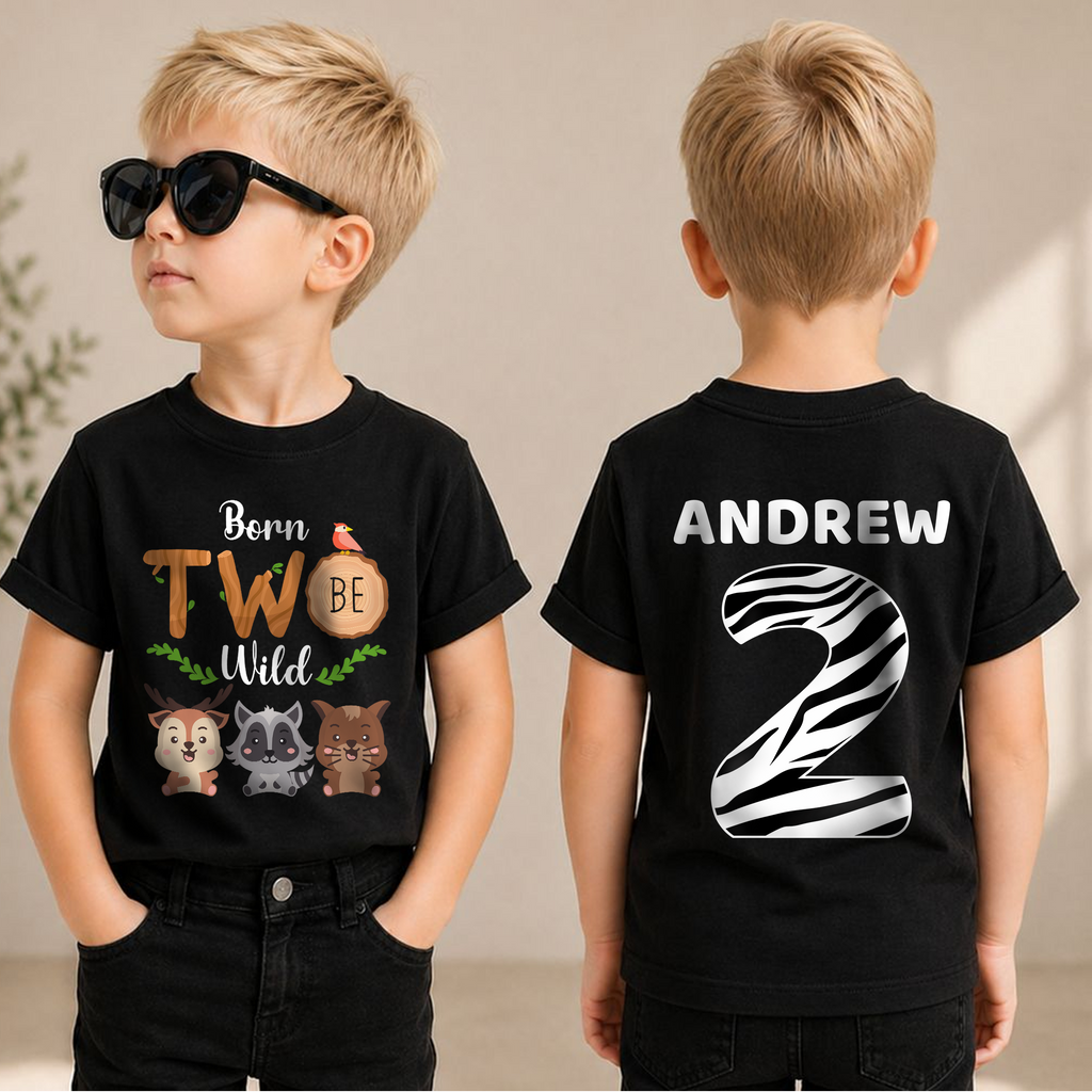 Boys Personalized Wild 2nd Birthday Shirt Boy, Born Two Be Wild — product view 1