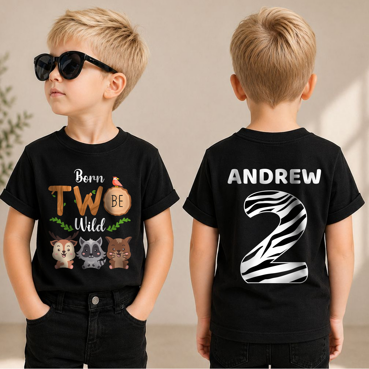 Boys Personalized Wild 2nd Birthday Shirt Boy, Born Two Be Wild — product view 1