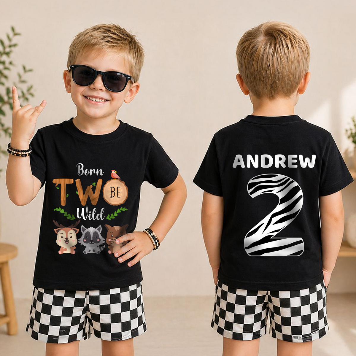 Boys Personalized Wild 2nd Birthday Shirt Boy, Born Two Be Wild — product view 3