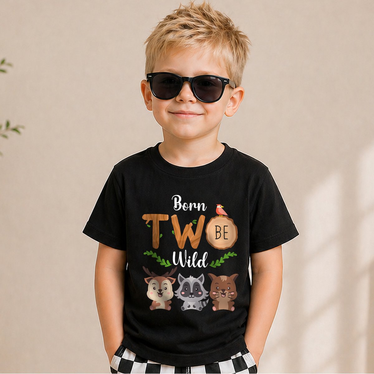 Boys Personalized Wild 2nd Birthday Shirt Boy, Born Two Be Wild — product view 5