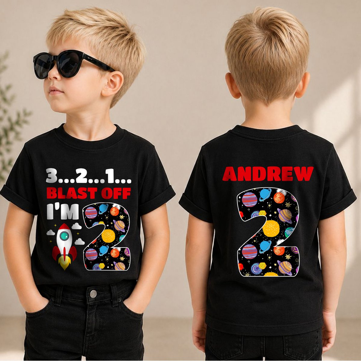 Boys Custom Astronaut 2nd Birthday Shirt — product view 3