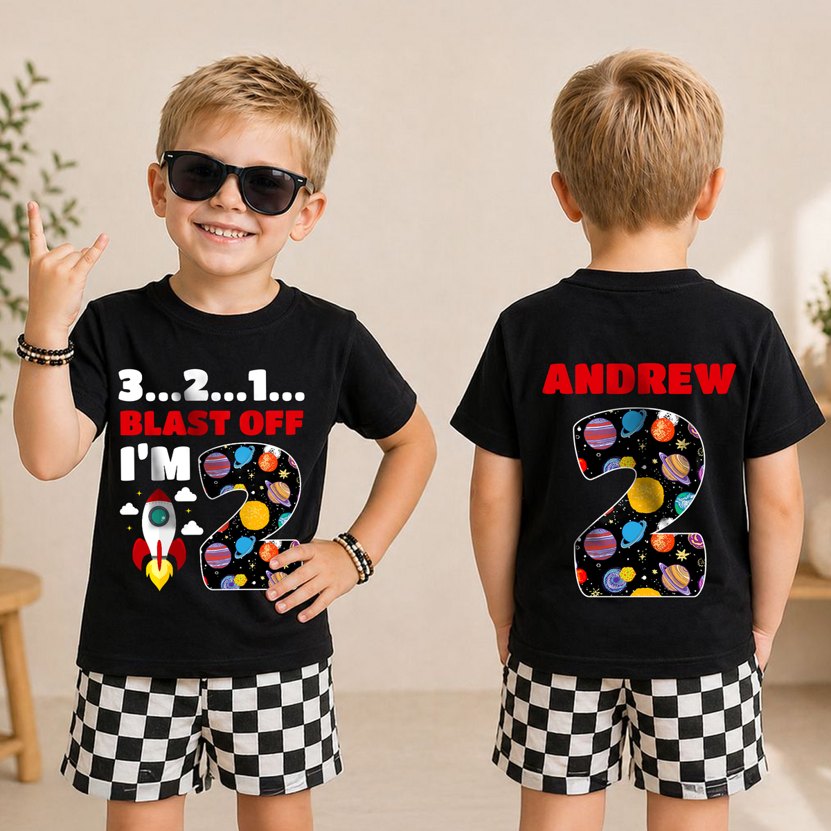 Boys Custom Astronaut 2nd Birthday Shirt — product view 5