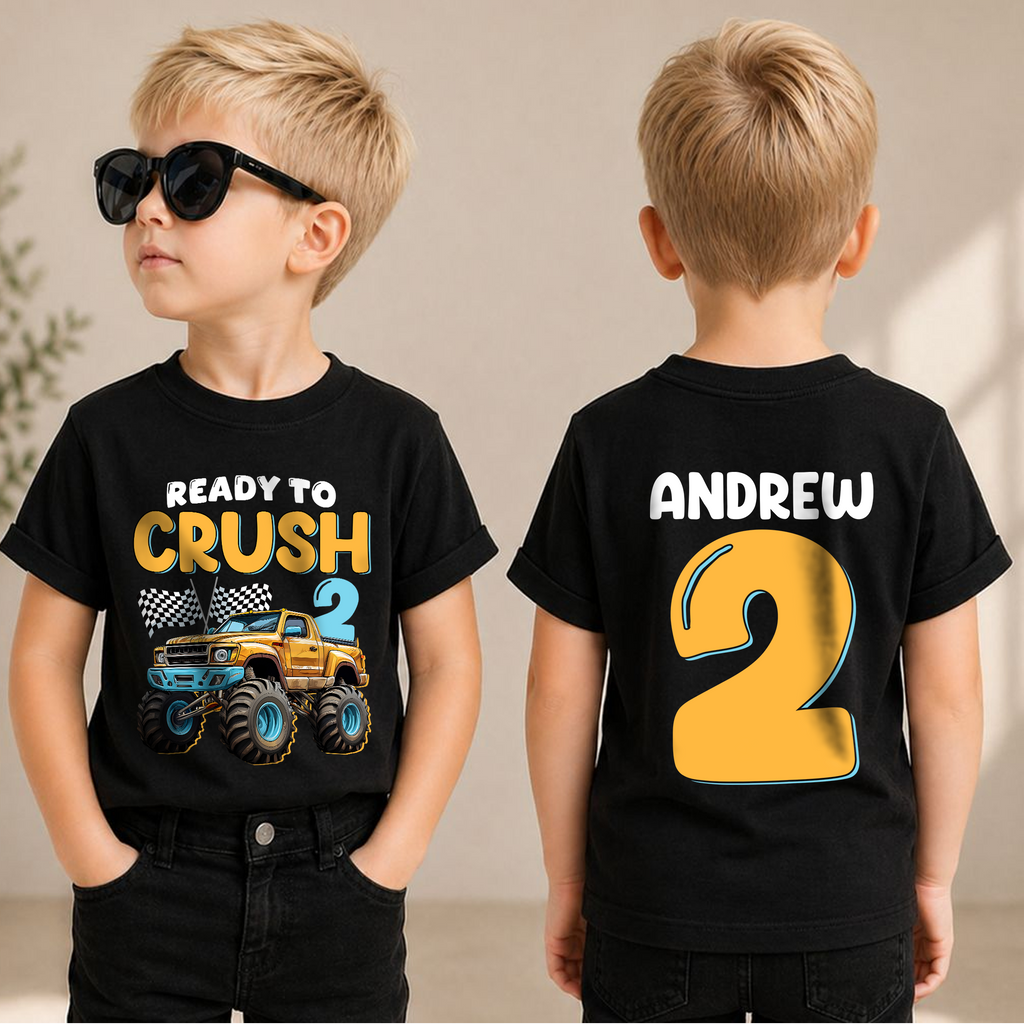 Toddler Personalized Monster Truck Birthday Boy Shirt 2 — product view 1