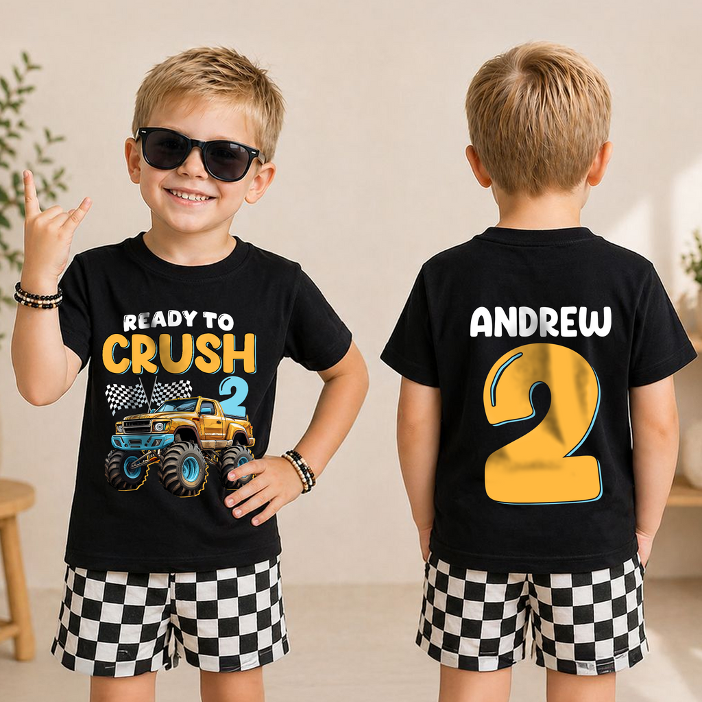 Toddler Personalized Monster Truck Birthday Boy Shirt 2 — product view 3