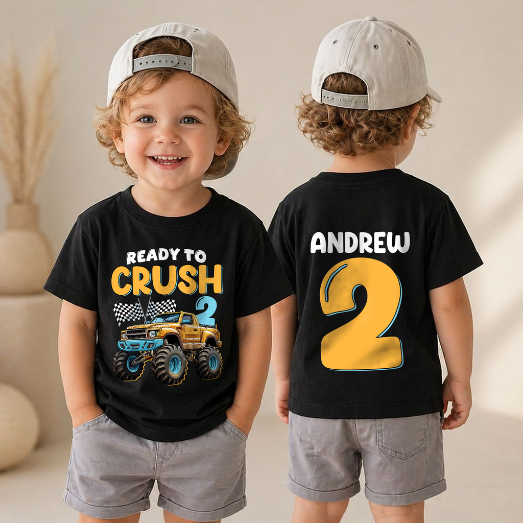 Toddler Personalized Monster Truck Birthday Boy Shirt 2 — product view 4