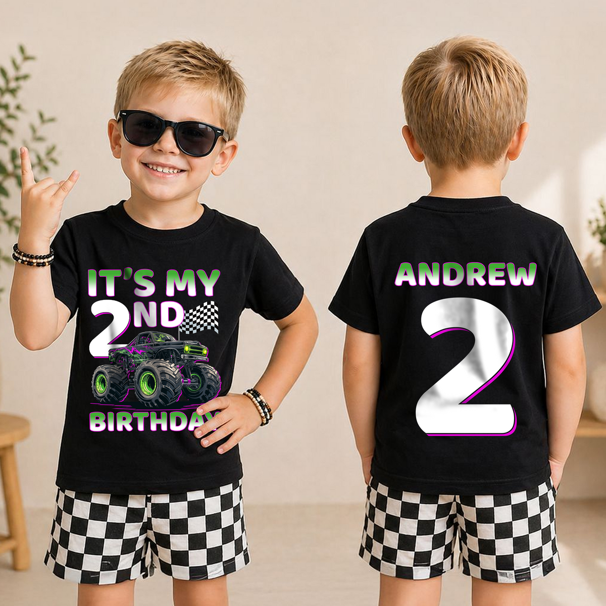 Custom Name Crushing It Birthday Outfit Boy, Monster Truck — product view 3