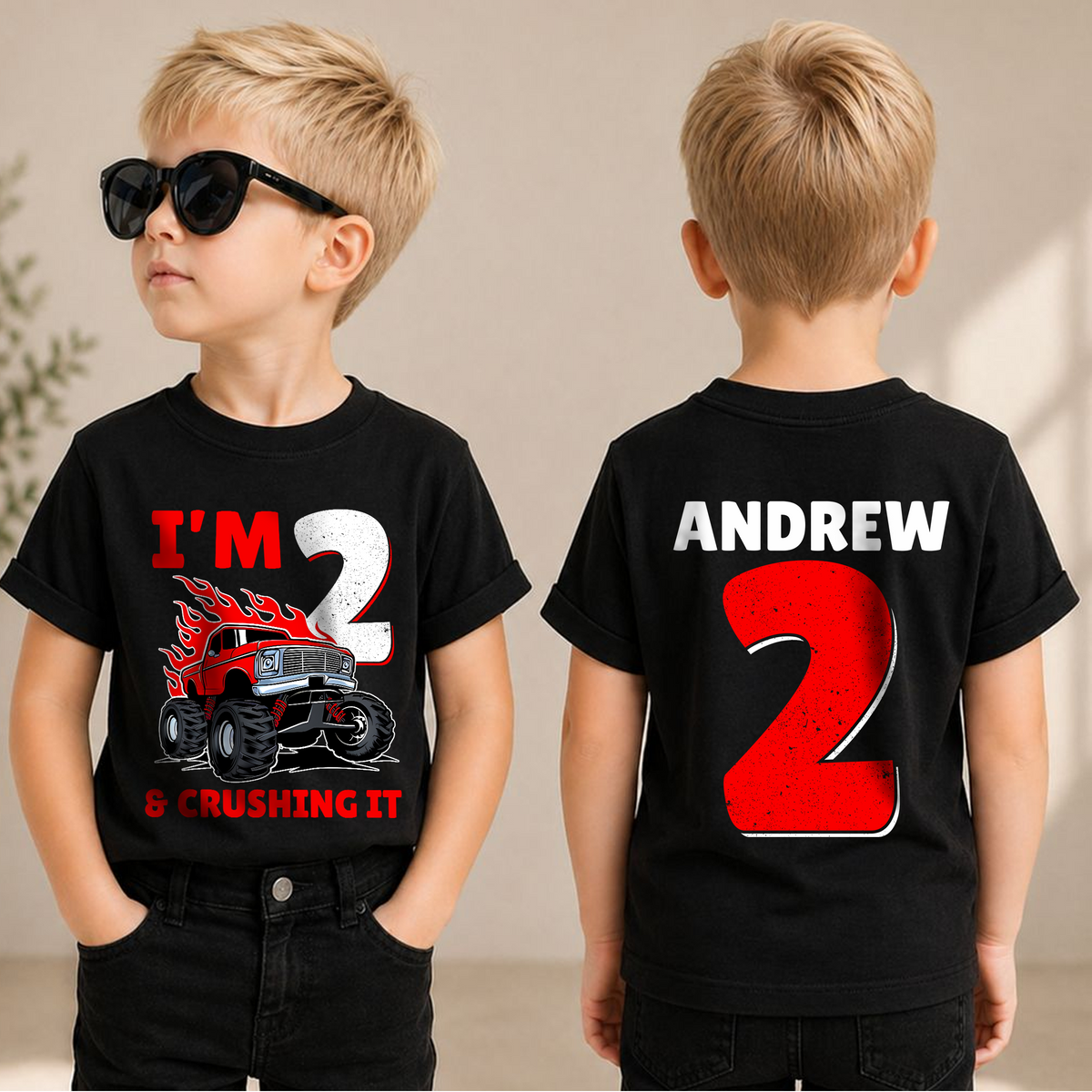 Custom I'm 2 Crushing It Birthday Outfit Boy, Monster Truck — product view 1