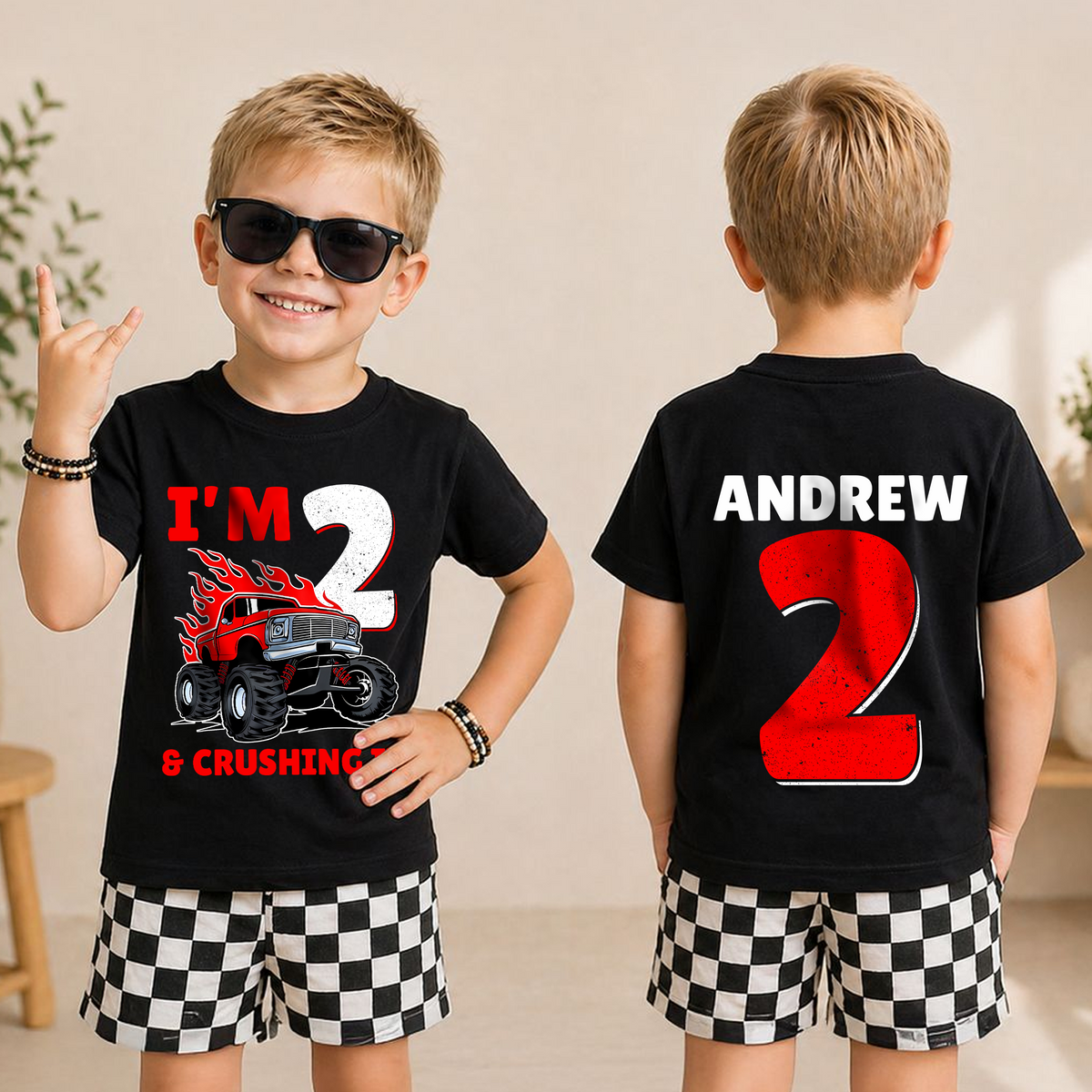 Custom I'm 2 Crushing It Birthday Outfit Boy, Monster Truck — product view 3