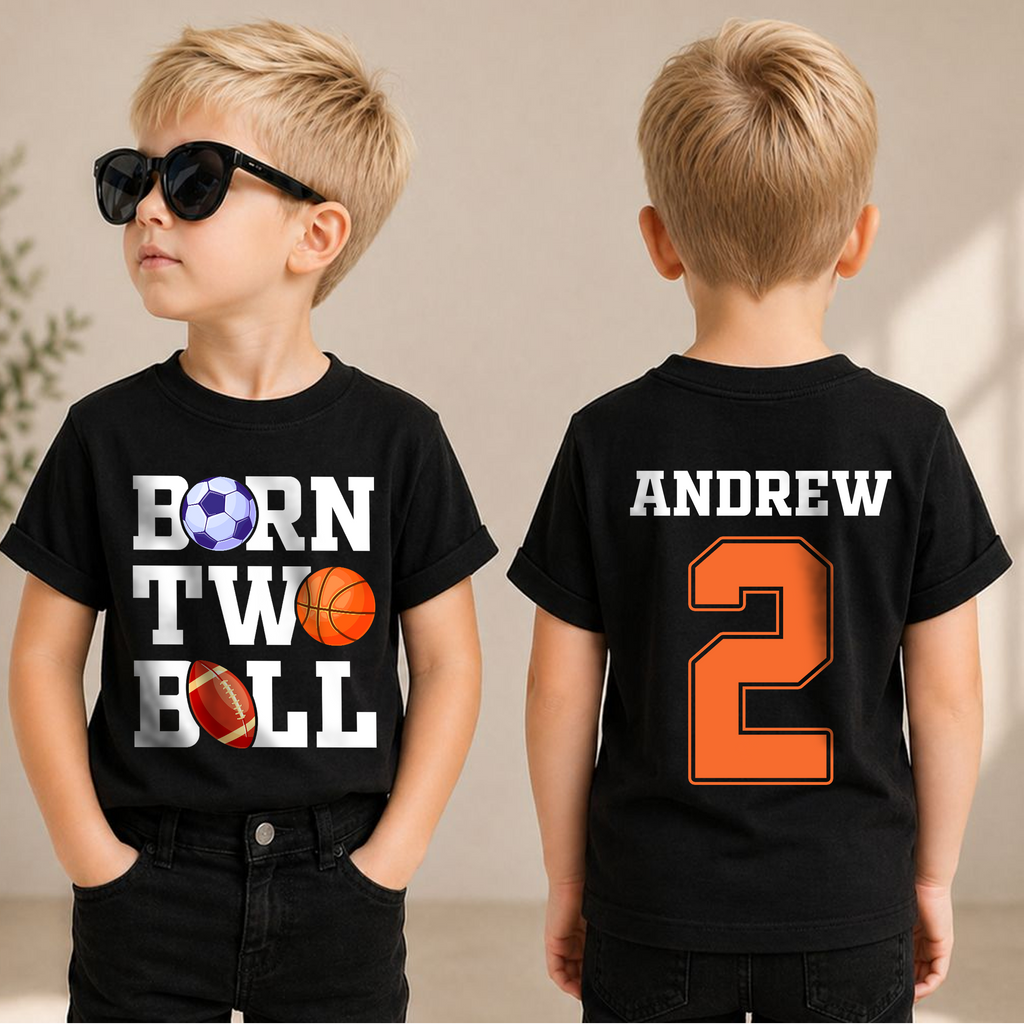 Custom Born Two Ball Birthday Shirt for Boys, Football 2nd Birthday — product view 1