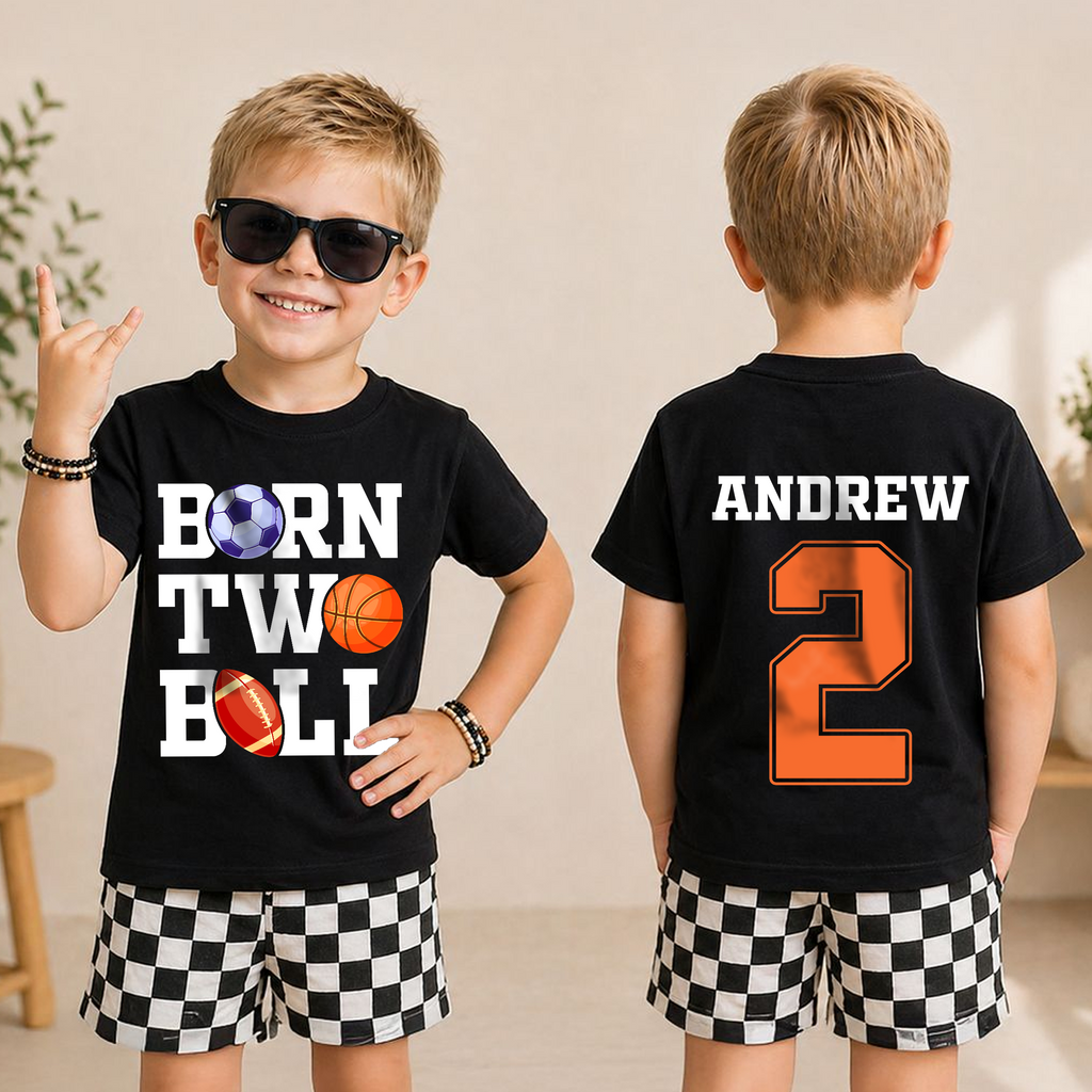 Custom Born Two Ball Birthday Shirt for Boys, Football 2nd Birthday — product view 3