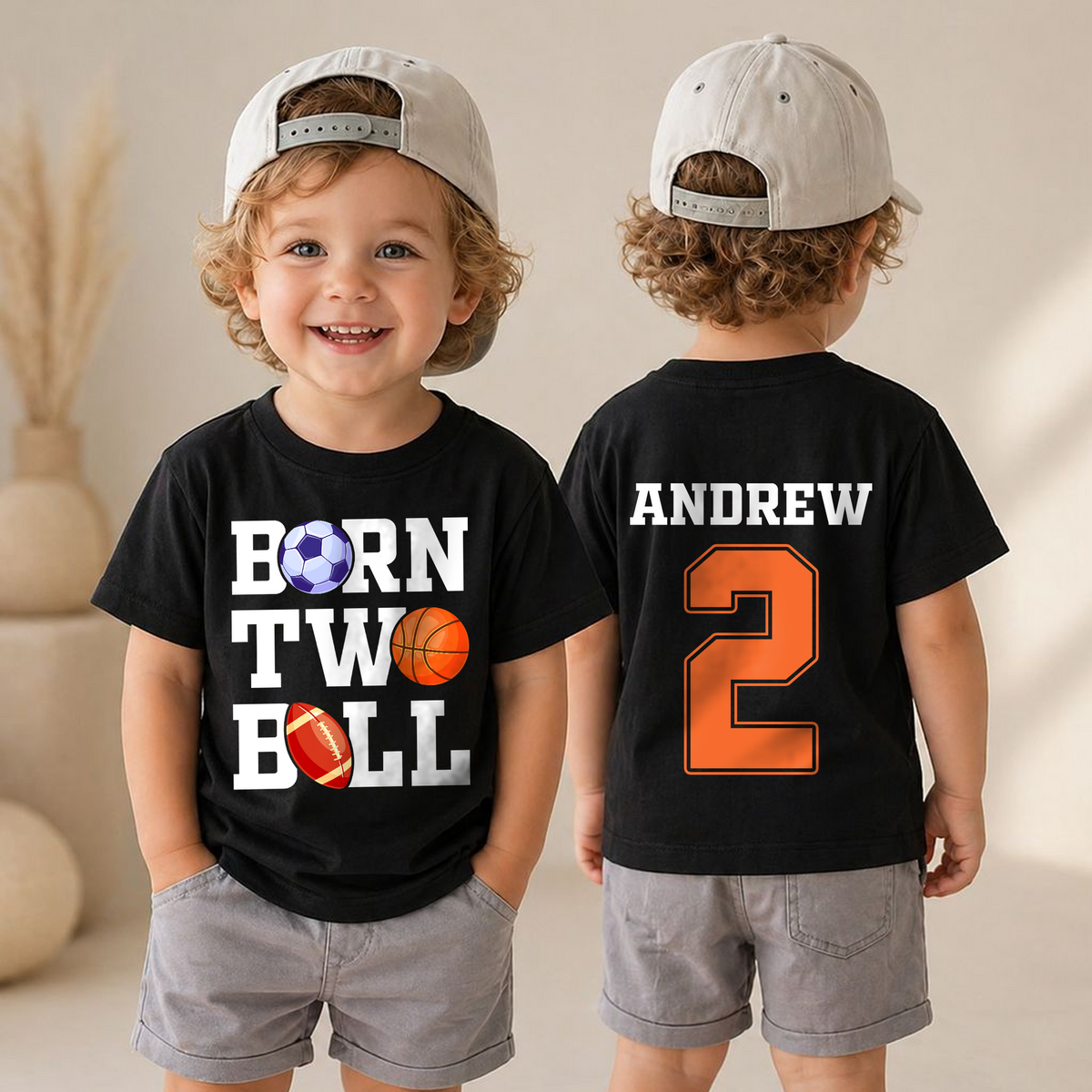 Custom Born Two Ball Birthday Shirt for Boys, Football 2nd Birthday — product view 4
