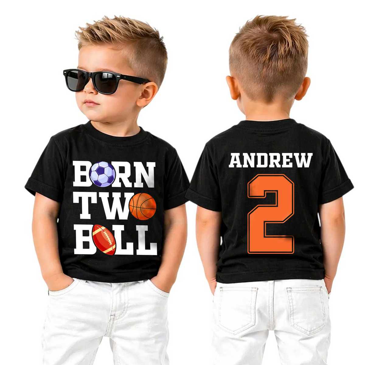 Custom Born Two Ball Birthday Shirt for Boys, Football 2nd Birthday — product view 5
