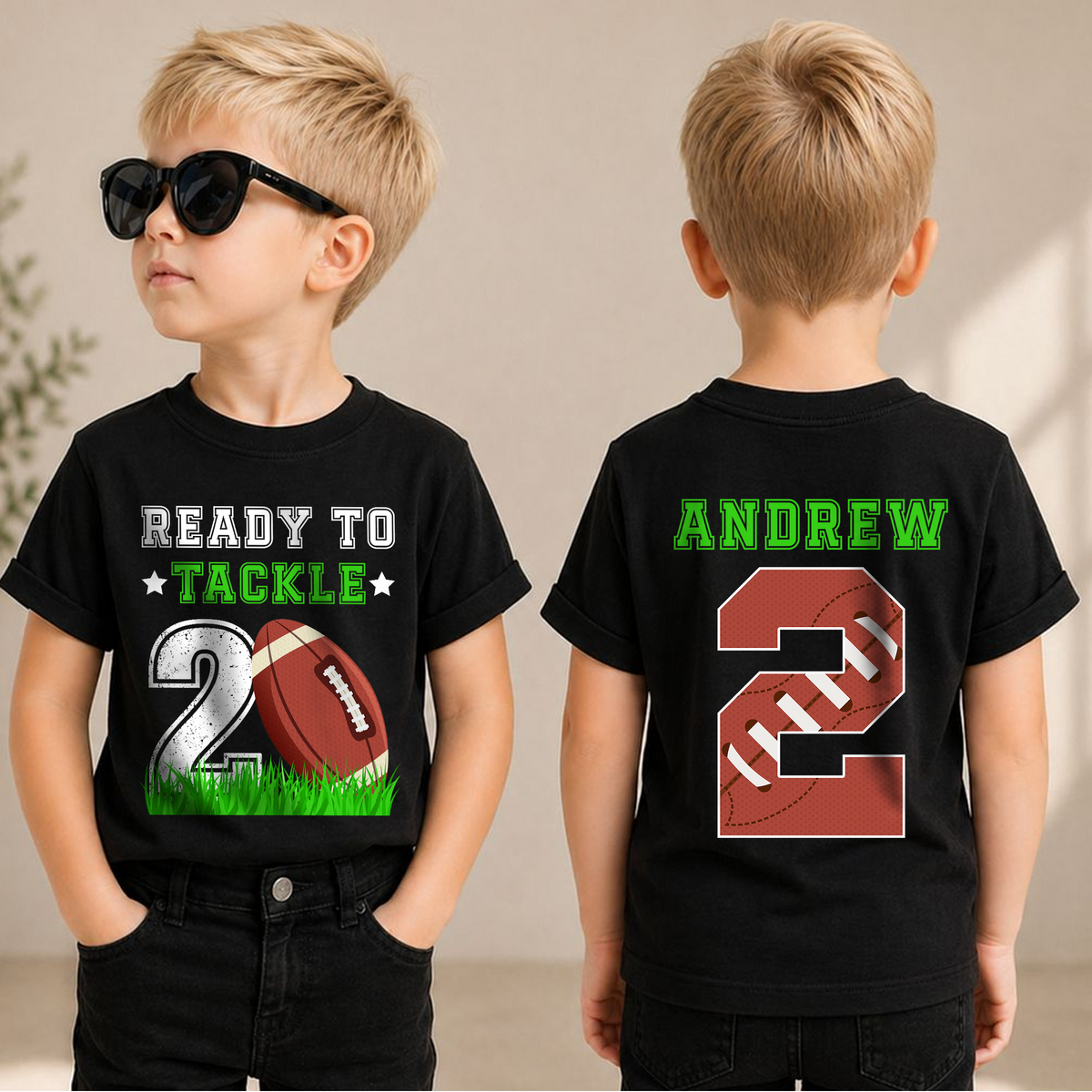 Toddler Personalized Ready To Tackle Birthday Shirt, Football 2nd Birthday — product view 1