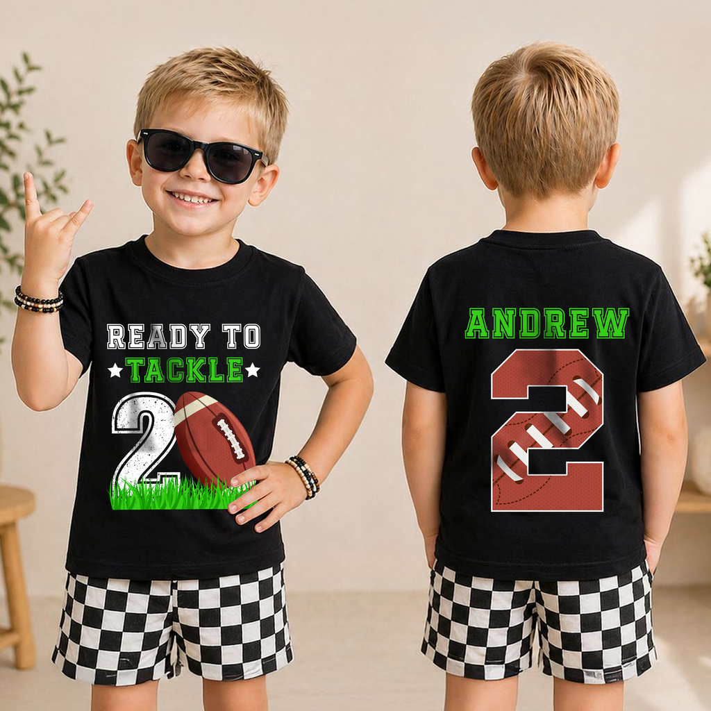 Toddler Personalized Ready To Tackle Birthday Shirt, Football 2nd Birthday — product view 3