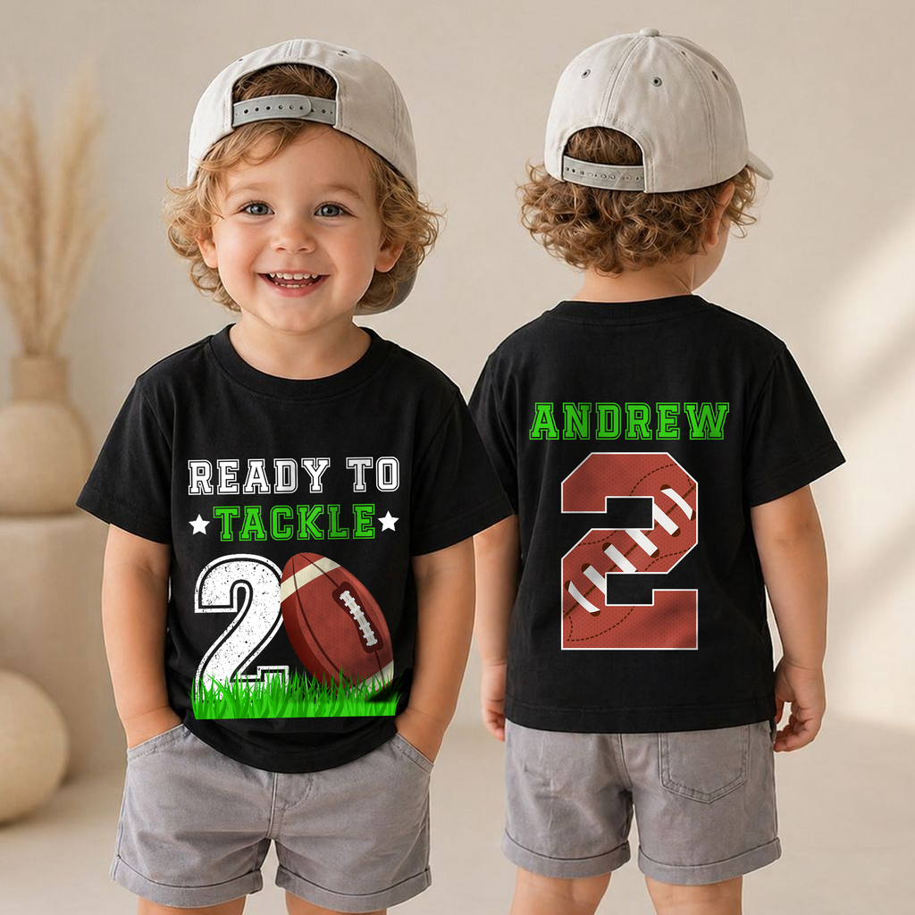 Toddler Personalized Ready To Tackle Birthday Shirt, Football 2nd Birthday — product view 4