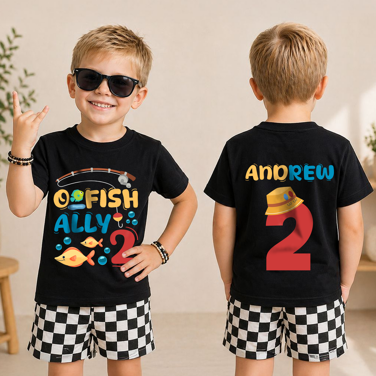 Custom Name O Fish Ally 2 Birthday Shirt for Boys, Fishing — product view 3