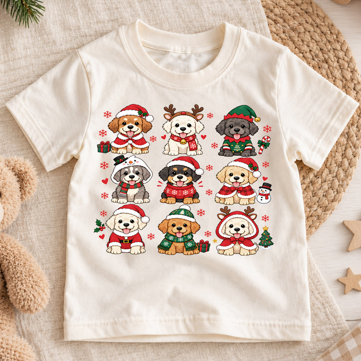 Vintage Christmas Stamps Grid Shirt, Retro Holiday Postage Tee, Cute Winter Icons Kids Top, Gift Festive Winter Outfit for Boys Girls — product view 1