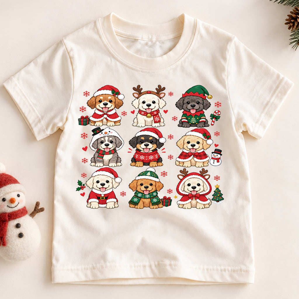 Vintage Christmas Stamps Grid Shirt, Retro Holiday Postage Tee, Cute Winter Icons Kids Top, Gift Festive Winter Outfit for Boys Girls — product view 2